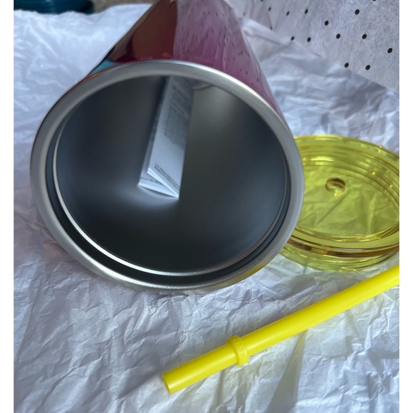 New Starbucks 2023 Venti SS Cold Cup Petunia Pink w/ Yellow Lid & Straw - Picture 6 of 8